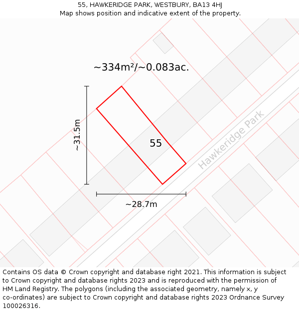 55, HAWKERIDGE PARK, WESTBURY, BA13 4HJ: Plot and title map