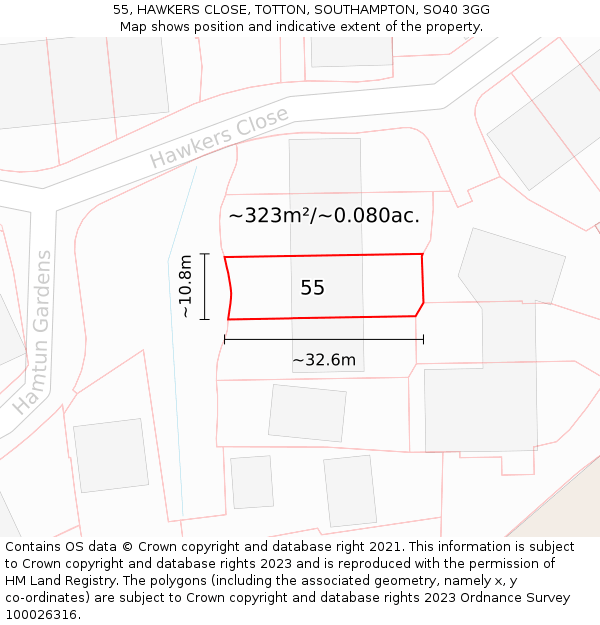 55, HAWKERS CLOSE, TOTTON, SOUTHAMPTON, SO40 3GG: Plot and title map