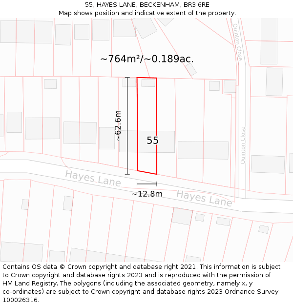 55, HAYES LANE, BECKENHAM, BR3 6RE: Plot and title map