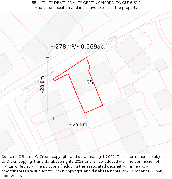 55, HENLEY DRIVE, FRIMLEY GREEN, CAMBERLEY, GU16 6NF: Plot and title map