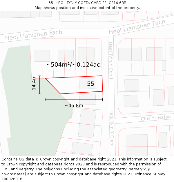 55, HEOL TYN Y COED, CARDIFF, CF14 6RB: Plot and title map