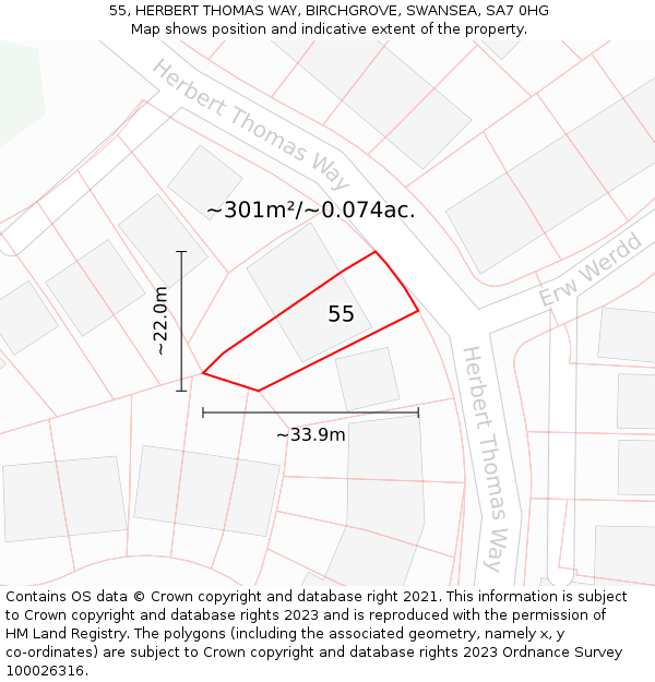 55, HERBERT THOMAS WAY, BIRCHGROVE, SWANSEA, SA7 0HG: Plot and title map