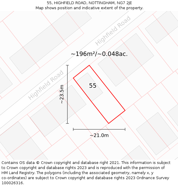 55, HIGHFIELD ROAD, NOTTINGHAM, NG7 2JE: Plot and title map