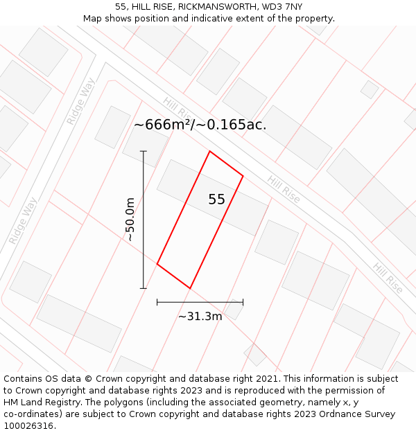 55, HILL RISE, RICKMANSWORTH, WD3 7NY: Plot and title map