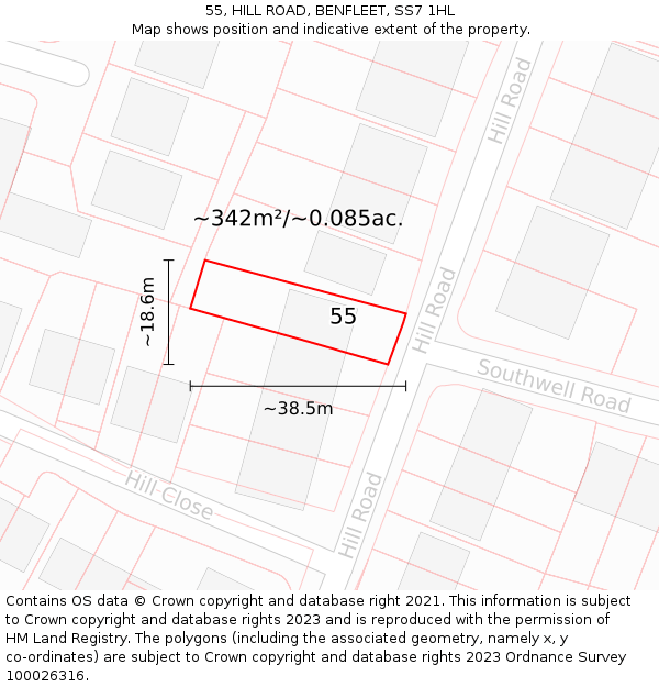 55, HILL ROAD, BENFLEET, SS7 1HL: Plot and title map