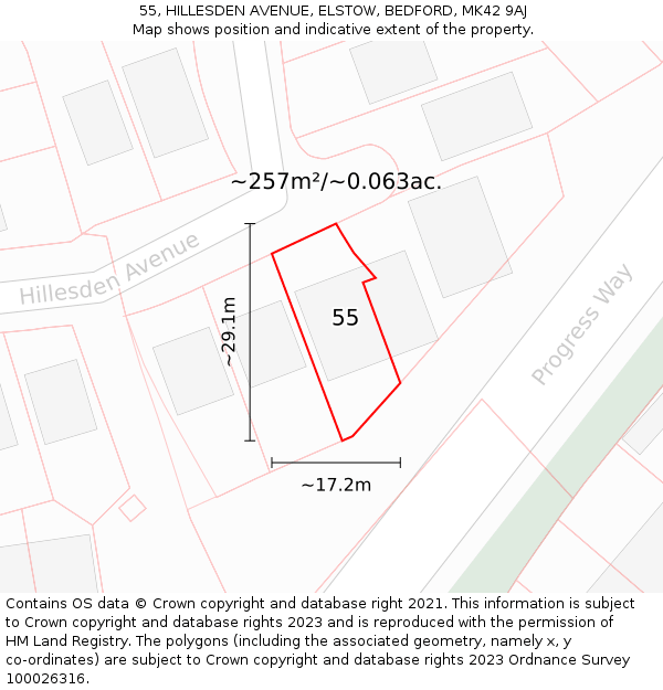 55, HILLESDEN AVENUE, ELSTOW, BEDFORD, MK42 9AJ: Plot and title map