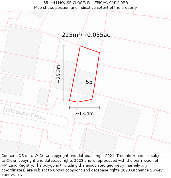 55, HILLHOUSE CLOSE, BILLERICAY, CM12 0BB: Plot and title map