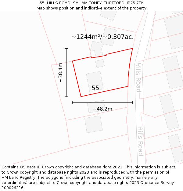 55, HILLS ROAD, SAHAM TONEY, THETFORD, IP25 7EN: Plot and title map