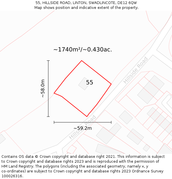 55, HILLSIDE ROAD, LINTON, SWADLINCOTE, DE12 6QW: Plot and title map