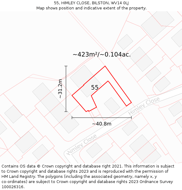 55, HIMLEY CLOSE, BILSTON, WV14 0LJ: Plot and title map