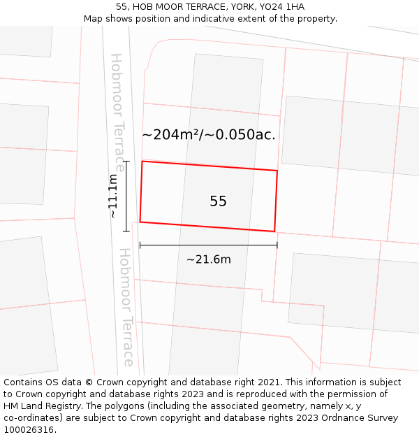 55, HOB MOOR TERRACE, YORK, YO24 1HA: Plot and title map