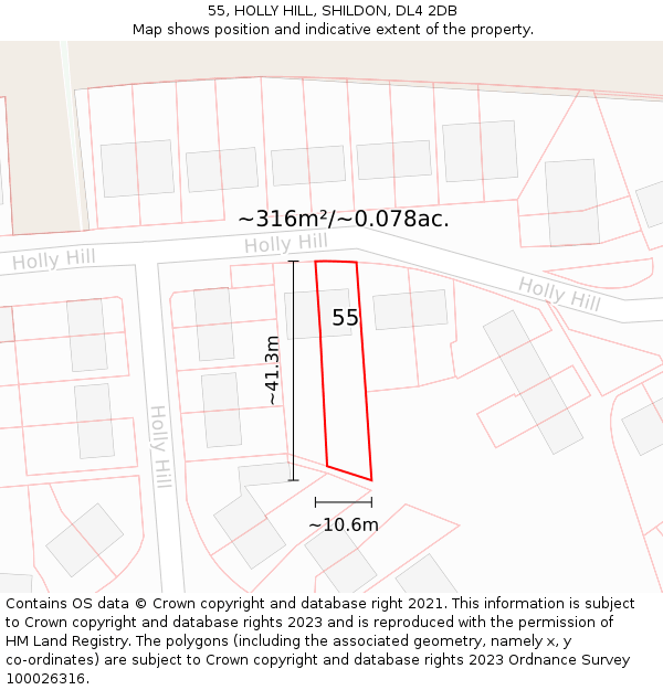 55, HOLLY HILL, SHILDON, DL4 2DB: Plot and title map