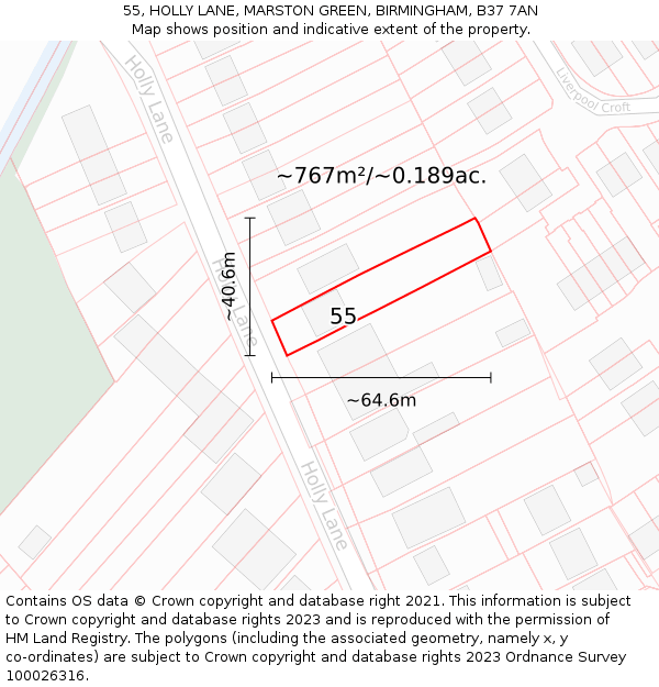 55, HOLLY LANE, MARSTON GREEN, BIRMINGHAM, B37 7AN: Plot and title map