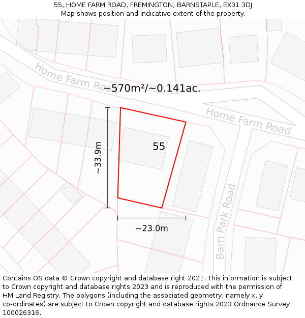 55, HOME FARM ROAD, FREMINGTON, BARNSTAPLE, EX31 3DJ: Plot and title map