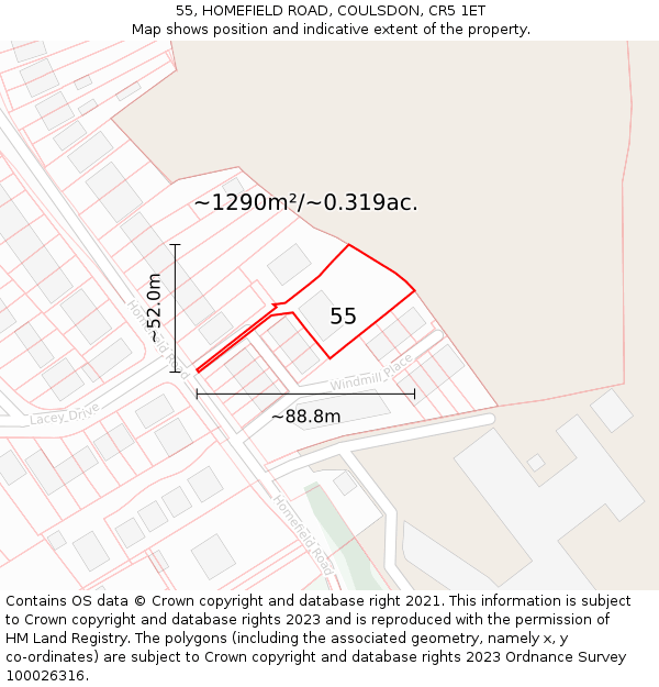 55, HOMEFIELD ROAD, COULSDON, CR5 1ET: Plot and title map