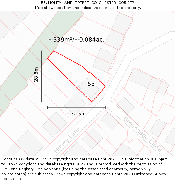 55, HONEY LANE, TIPTREE, COLCHESTER, CO5 0FR: Plot and title map