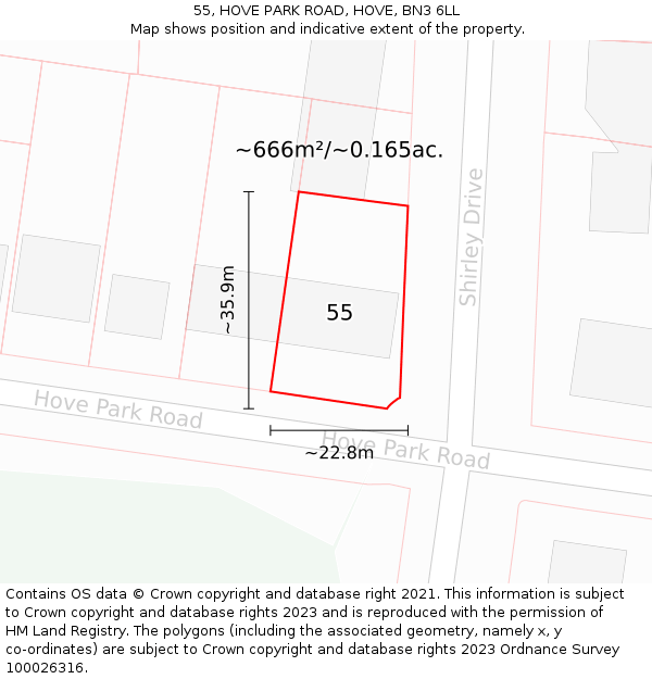 55, HOVE PARK ROAD, HOVE, BN3 6LL: Plot and title map