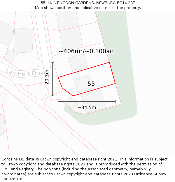 55, HUNTINGDON GARDENS, NEWBURY, RG14 2RT: Plot and title map