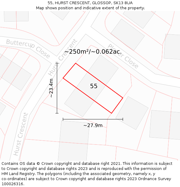 55, HURST CRESCENT, GLOSSOP, SK13 8UA: Plot and title map