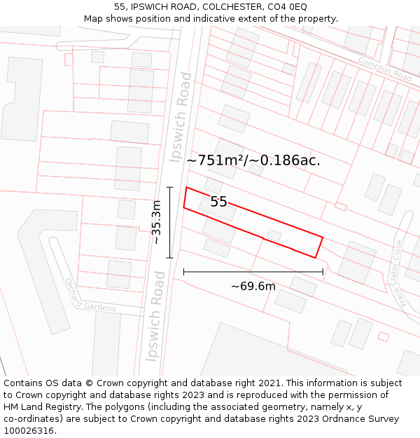 55, IPSWICH ROAD, COLCHESTER, CO4 0EQ: Plot and title map