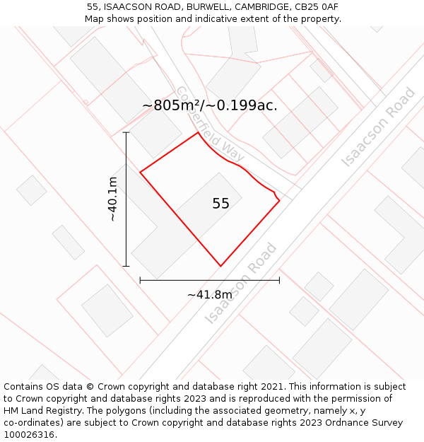 55, ISAACSON ROAD, BURWELL, CAMBRIDGE, CB25 0AF: Plot and title map