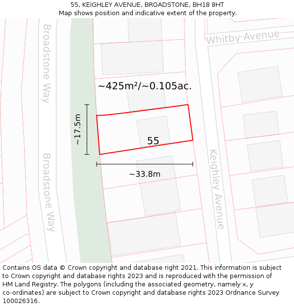 55, KEIGHLEY AVENUE, BROADSTONE, BH18 8HT: Plot and title map