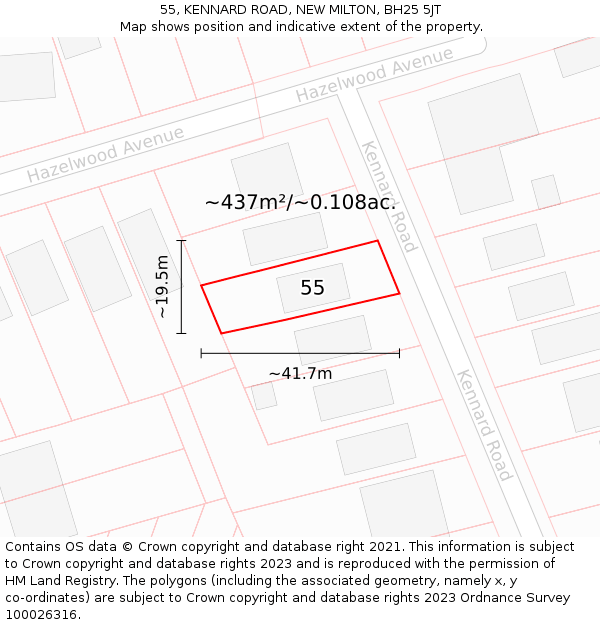 55, KENNARD ROAD, NEW MILTON, BH25 5JT: Plot and title map