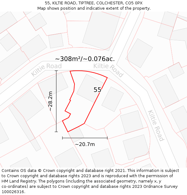 55, KILTIE ROAD, TIPTREE, COLCHESTER, CO5 0PX: Plot and title map