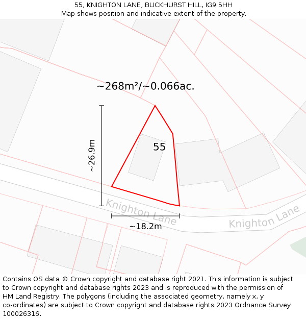 55, KNIGHTON LANE, BUCKHURST HILL, IG9 5HH: Plot and title map