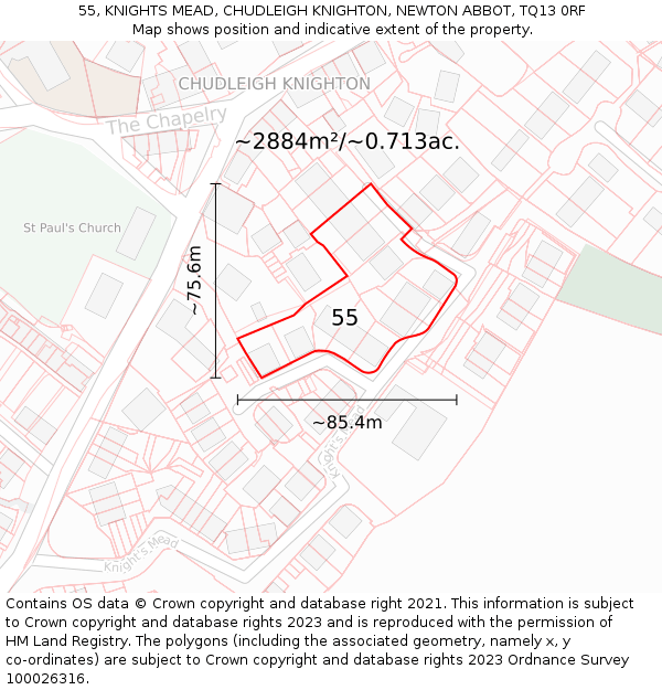 55, KNIGHTS MEAD, CHUDLEIGH KNIGHTON, NEWTON ABBOT, TQ13 0RF: Plot and title map