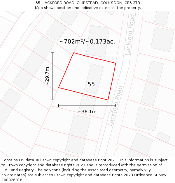 55, LACKFORD ROAD, CHIPSTEAD, COULSDON, CR5 3TB: Plot and title map