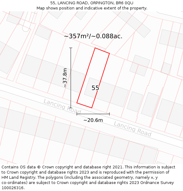 55, LANCING ROAD, ORPINGTON, BR6 0QU: Plot and title map