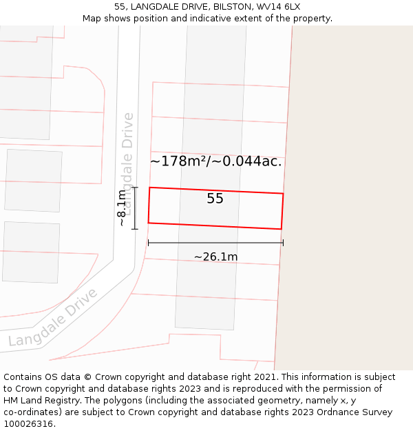 55, LANGDALE DRIVE, BILSTON, WV14 6LX: Plot and title map