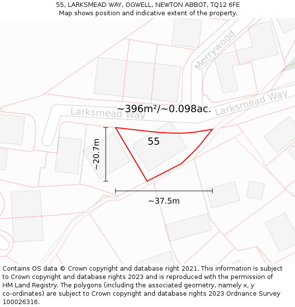 55, LARKSMEAD WAY, OGWELL, NEWTON ABBOT, TQ12 6FE: Plot and title map