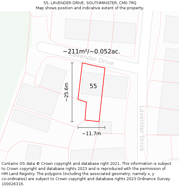 55, LAVENDER DRIVE, SOUTHMINSTER, CM0 7RQ: Plot and title map