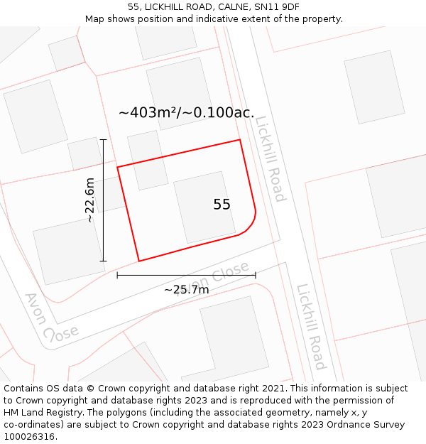 55, LICKHILL ROAD, CALNE, SN11 9DF: Plot and title map