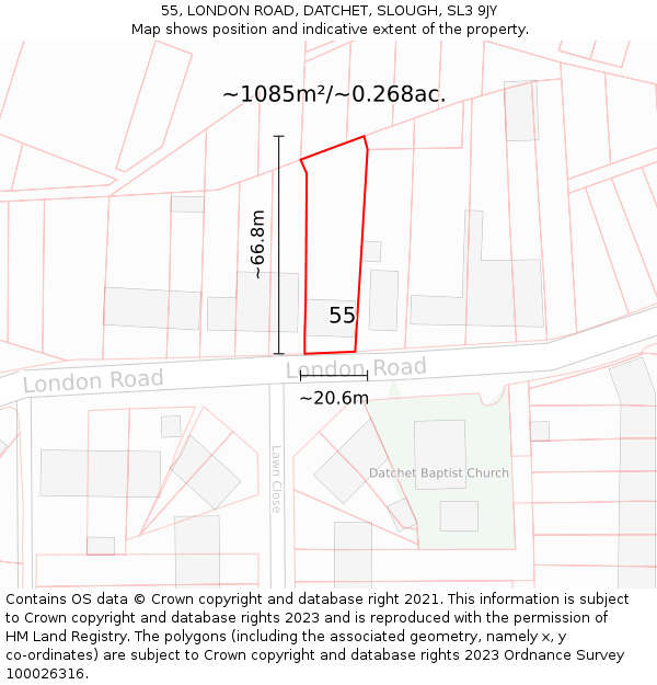 55, LONDON ROAD, DATCHET, SLOUGH, SL3 9JY: Plot and title map