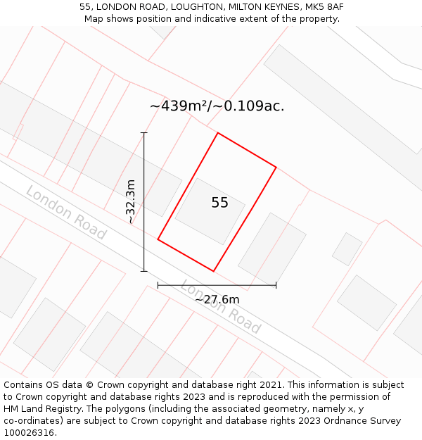 55, LONDON ROAD, LOUGHTON, MILTON KEYNES, MK5 8AF: Plot and title map