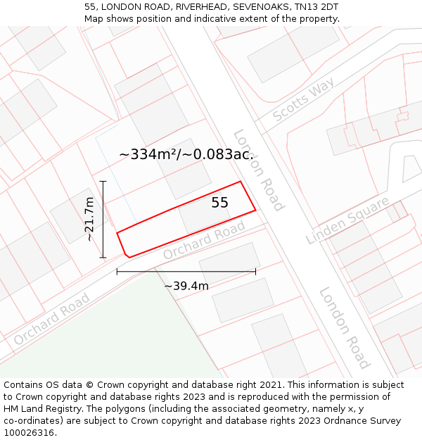 55, LONDON ROAD, RIVERHEAD, SEVENOAKS, TN13 2DT: Plot and title map