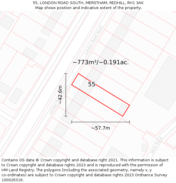 55, LONDON ROAD SOUTH, MERSTHAM, REDHILL, RH1 3AX: Plot and title map