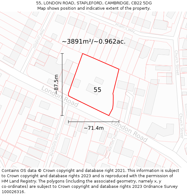 55, LONDON ROAD, STAPLEFORD, CAMBRIDGE, CB22 5DG: Plot and title map