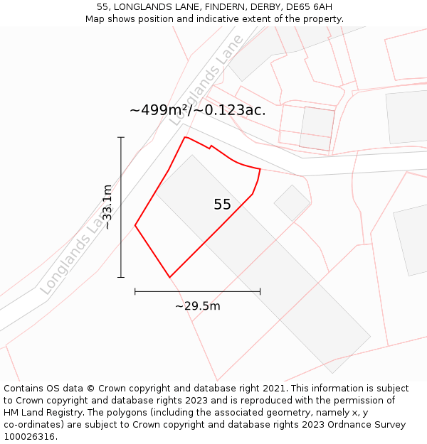 55, LONGLANDS LANE, FINDERN, DERBY, DE65 6AH: Plot and title map