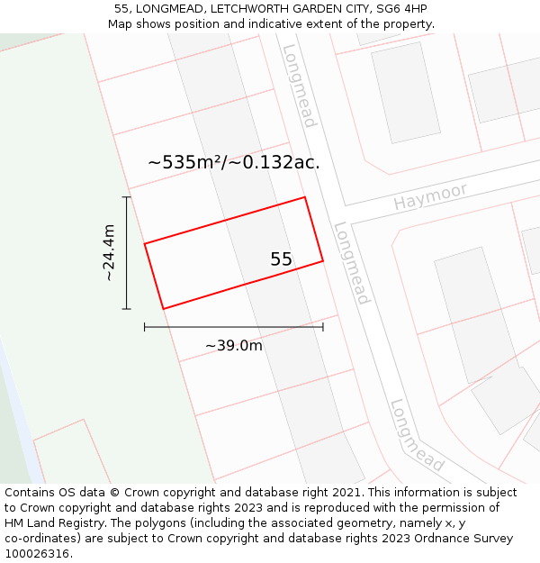 55, LONGMEAD, LETCHWORTH GARDEN CITY, SG6 4HP: Plot and title map