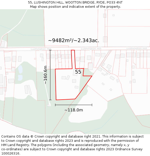 55, LUSHINGTON HILL, WOOTTON BRIDGE, RYDE, PO33 4NT: Plot and title map