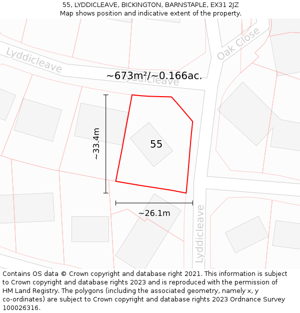 55, LYDDICLEAVE, BICKINGTON, BARNSTAPLE, EX31 2JZ: Plot and title map