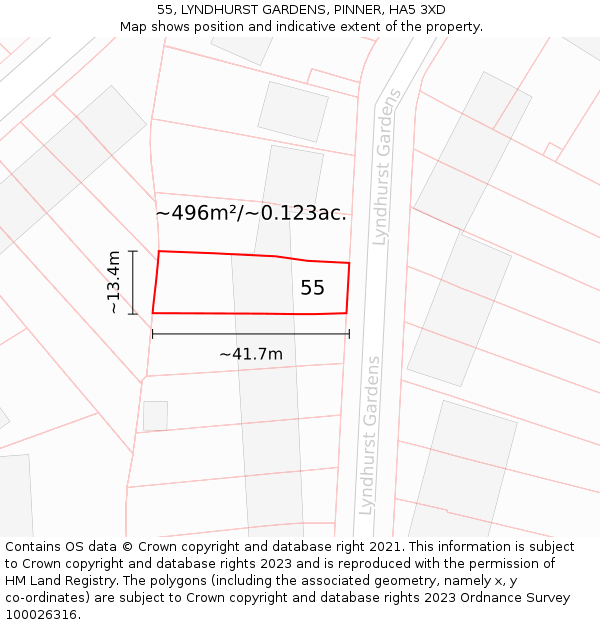 55, LYNDHURST GARDENS, PINNER, HA5 3XD: Plot and title map