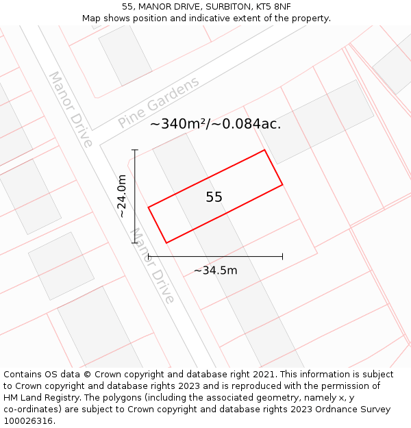 55, MANOR DRIVE, SURBITON, KT5 8NF: Plot and title map