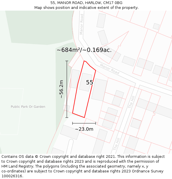 55, MANOR ROAD, HARLOW, CM17 0BG: Plot and title map