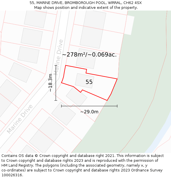 55, MARINE DRIVE, BROMBOROUGH POOL, WIRRAL, CH62 4SX: Plot and title map