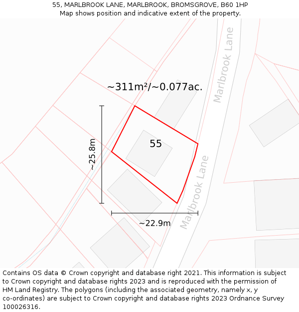 55, MARLBROOK LANE, MARLBROOK, BROMSGROVE, B60 1HP: Plot and title map